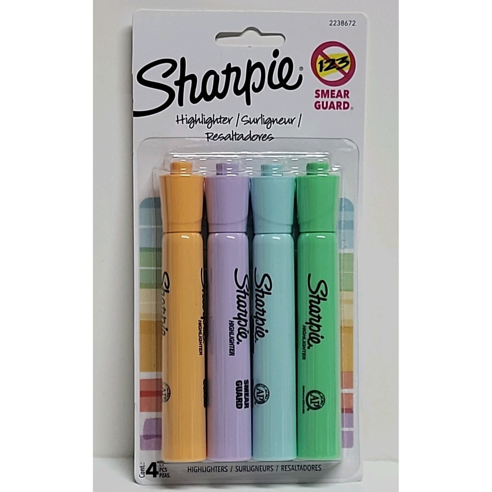 Sharpie Smear Guard Highlighters 4 Pack Pastel Colors Chisel Tip New Sealed
